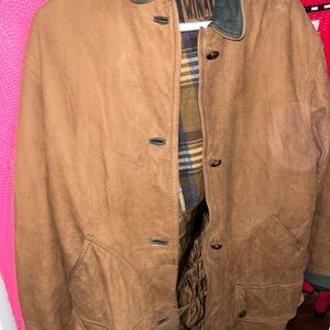 Vintage Chore Jacket Leather Black Collar Longer Length UNISEX Chore Jacket EUC